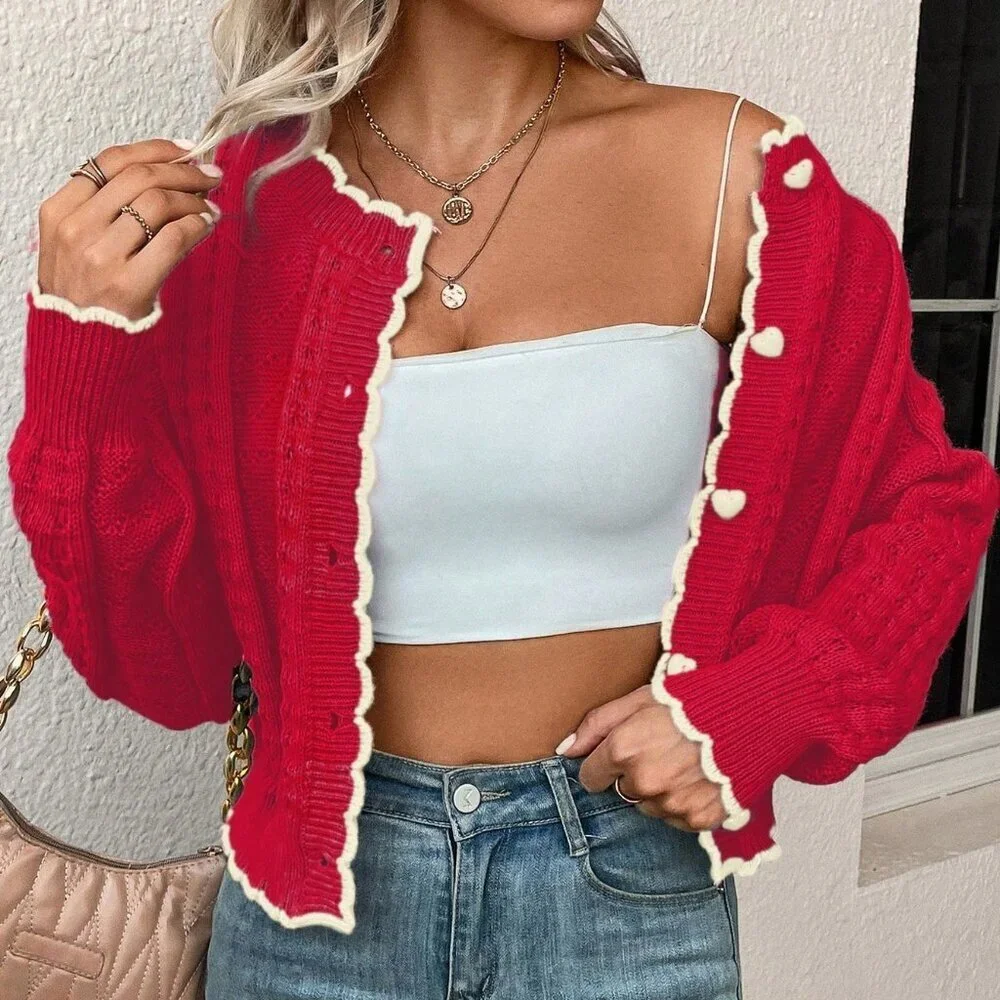 Red and White Casual Women's Heart Button Design Long Sleeve Loose Cardigan